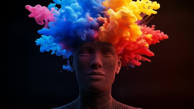 Person with colorful smoke clouds exploding from head