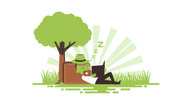 Cartoon Character Taking A Break Under A Tree While Reading Relaxing Illustration