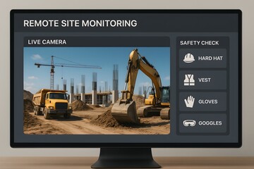 A state-of-the-art remote monitoring system displays a live feed of a construction site, highlighting safety checks and real-time visuals. 