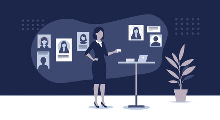 Businesswoman Presenting Team Candidates Portfolio With Laptop And Houseplant