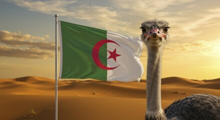 Curious Ostrich Facing Algerian Flag in Desert Sunset
