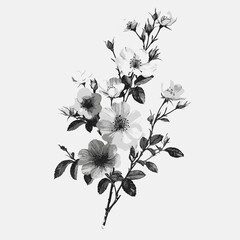Black and white floral vector illustration, elegant flower drawing in PNG and PSD formats