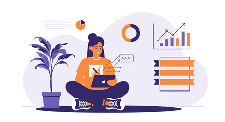 Digital Nomad Woman Analyzing Data Charts in Home Office for Remote Work