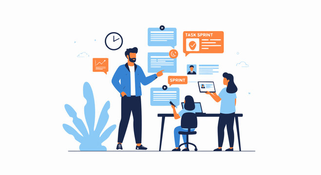 Agile Team Collaboration Discussing Task Sprint Planning In Modern Workplace