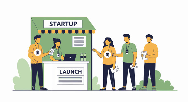 Business Exhibition Stand Promoting New Startup Innovative Ventures And Product Launch