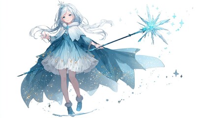 An anime-style girl with white hair and blue dress, cape, holding a star wand and a star, on a white background