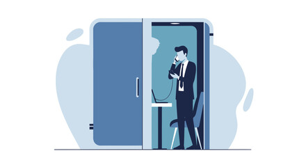 Business Man Talking On The Phone Inside A Soundproof Office Cabin Minimalist