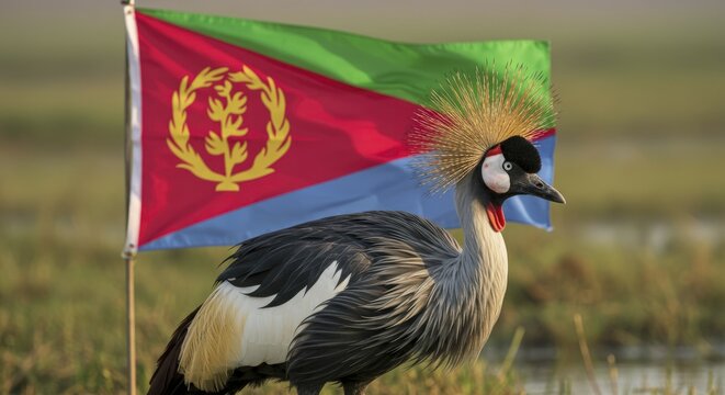 Grey Crowned Crane with Eritrean Flag in Background