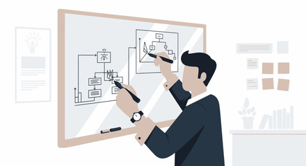 Obraz premium Businessman Developing Strategy Presentation On Whiteboard In Modern Office