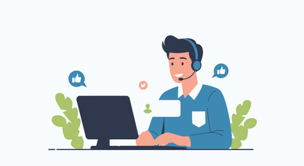 Engaging Male Customer Service Representative Providing Online Assistance With Positive Feedback