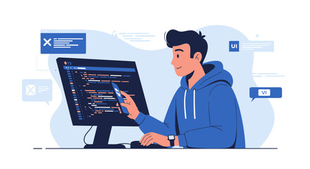 Fototapeta premium Young Programmer Developing Code For New Application On Desktop And Smartphone Screen