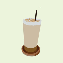 Minimalist flat illustration of an iced latte in a tall glass with a chocolate saucer, straw and detailed latte art on top, perfect for coffee themed branding or digital design projects.