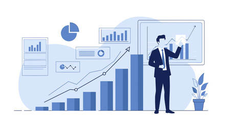 Business Presentation Showing Growing Charts And Graphs By Successful Executive