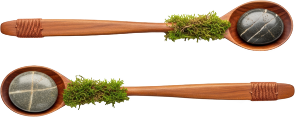 Two wooden spoons displaying vibrant green moss one holding a veined black stone the other a cross marked grey stone