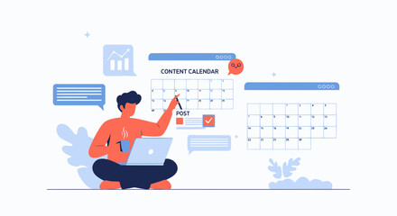 Obraz premium Content Creator Planning Content Calendar With Laptop For Marketing Campaign