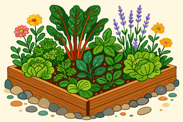 Small vegetable garden. Green leafy vegetables, herbs and colorful blooming flowers surrounded with  textured stones and wooden planks. Vector isolated illustration