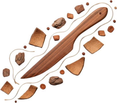 Handmade wooden butter knife surrounded by rustic wood bark coconut shells small round wooden beads and a white string