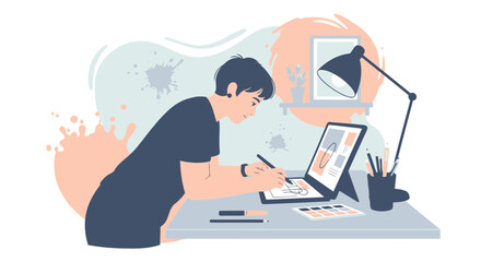 Digital Illustration Of Graphic Designer Woman Working At Her Laptop At Home Office