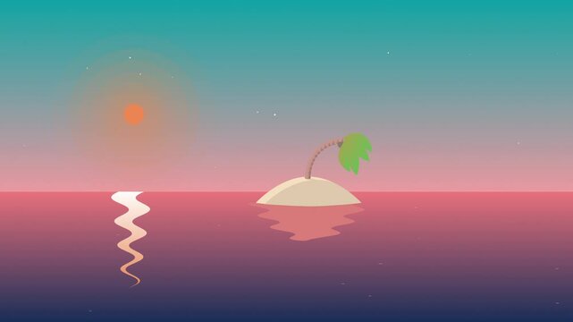 Static animation of a tropical island in an ocean in front of a sunset