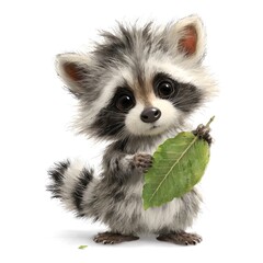 Naklejka premium A Cute raccoon is holding a green leaf. Its face is incredibly endearing, and it is looking directly towards the viewer, evoking a sense of innocence