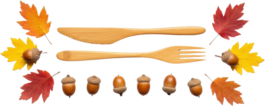 Wooden bamboo knife and fork centered with colorful autumn leaves and natural acorns transparent background - Powered by Adobe
