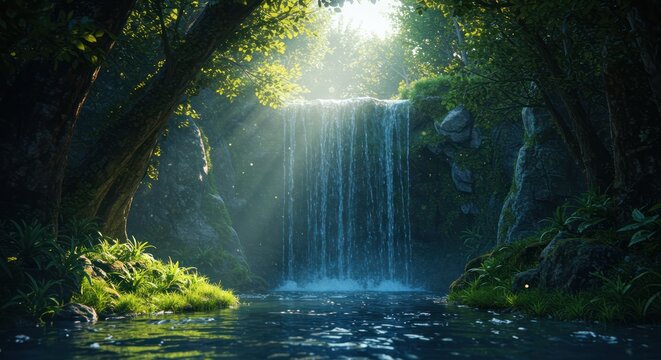 Enchanted Waterfall Sunlit Serenity in Lush Jungle Paradise