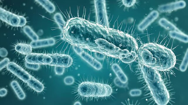 Detailed microscopic view of bacteria cells with flagella in blue ambient light