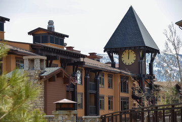 Mammoth Lakes, CA USA - July 25, 2023: Clock tower in The Village - center of Mammoth Lakes