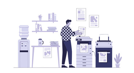 Person Duplicating Document Using Office Copier Equipment For Paperwork Vector Illustration