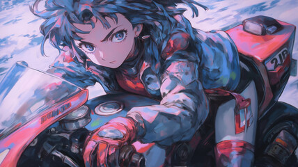 Obraz premium 真夏の青空と太陽の下、バイクにまたがるショートヘアの女性ライダーが爽快に風を切る姿を描いた、自由と疾走感があふれるアニメ風イラスト素材