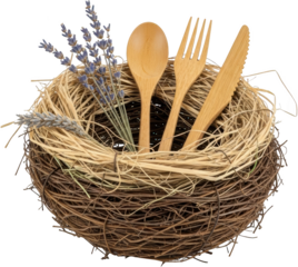 Rustic bird's nest holds a natural wooden cutlery set and fragrant dried lavender sprigs Transparent background