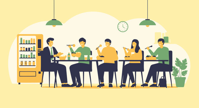 Flat Design Lunchtime Office Scene With People Eating Together In The Workplace