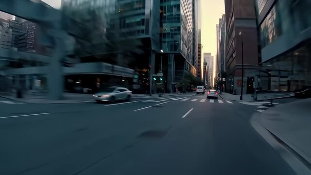 A dynamic low-angle tracking shot captures modern skyscrapers and a classic art deco building lining a busy urban street with moving cars under a soft sky.