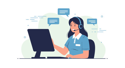 Friendly Woman Working At Computer With Headset Helping Clients Online