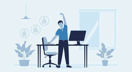 Man Stretching At Desk For Health Benefits During The Work Day