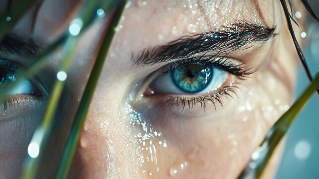 Close up of enigmatic eyes with natural elements in mystical rusalkas portrait