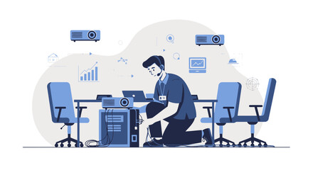 Man Setting Up Meeting Room Technology For A Presentation Or Conference