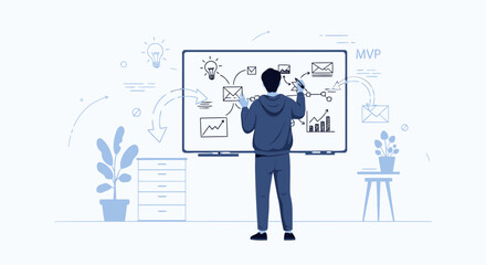 Fototapeta premium Man Visualizing Business Strategy On Whiteboard For Startup Company Development