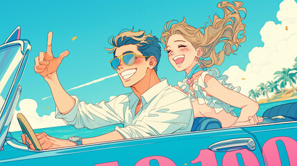 Obraz premium カラフルな空と入道雲の下、陽気な笑顔でオープンカーを駆ける男女が奏でる夏の旋律、爽快感と青春の輝きが詰まったドライブアートイメージ