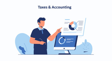 Man Presenting Financial Data on Computer for Taxes and Accounting Presentation
