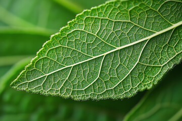 Fototapeta premium Close Up Green Leaf Showing Intricate Veins and Textured Surface in Natural Light