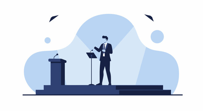 Motivational Speaker Delivering Business Presentation From Stage Under Spotlight