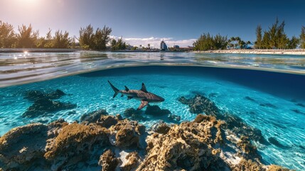 Obraz premium Stunning split-level view of clear blue ocean with a shark swimming above coral reef and underwater rocks, lush green trees and blue sky in the background