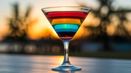Colorful layered cocktail in martini glass at sunset with palm trees