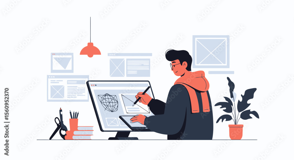 Fototapete Person Working On Ux Ui Design At Desk With Software Interface