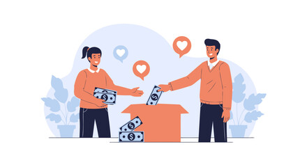 People Contributing Money To A Charity Box With Hearts In Speech Bubbles