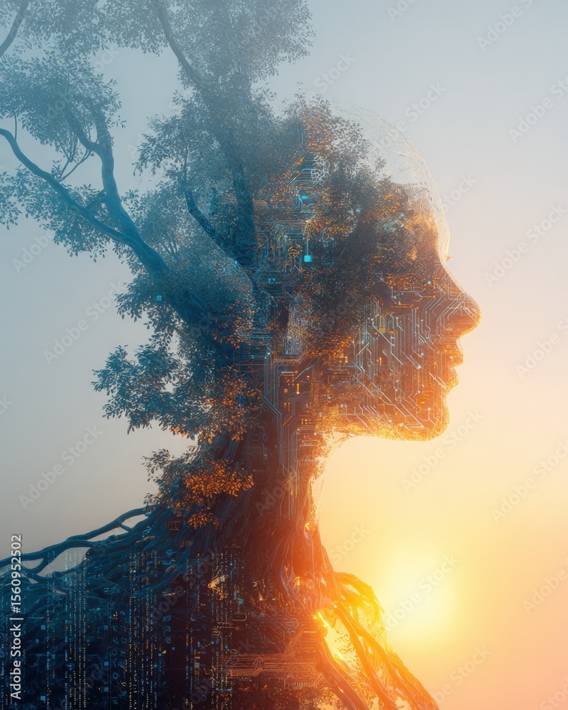 Poster Futuristic digital art of a human profile silhouette integrated with a tree and circuit patterns representing technology nature connection at sunrise