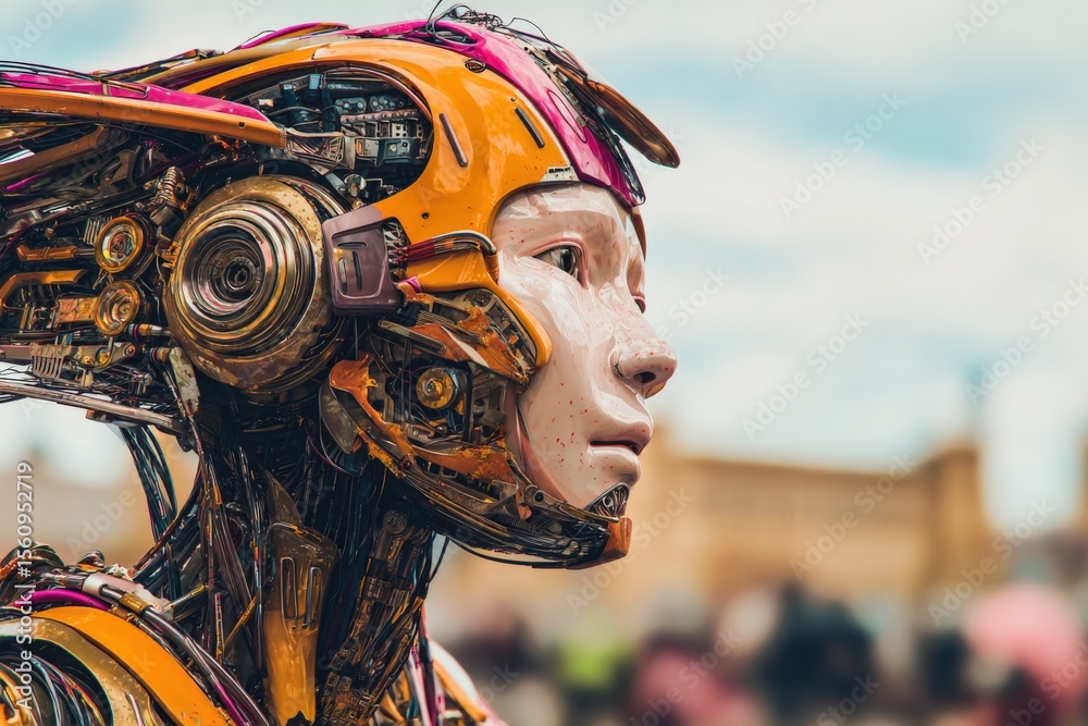 Poster highly detailed futuristic robot humanoid with human face featu mechanical and electronic components