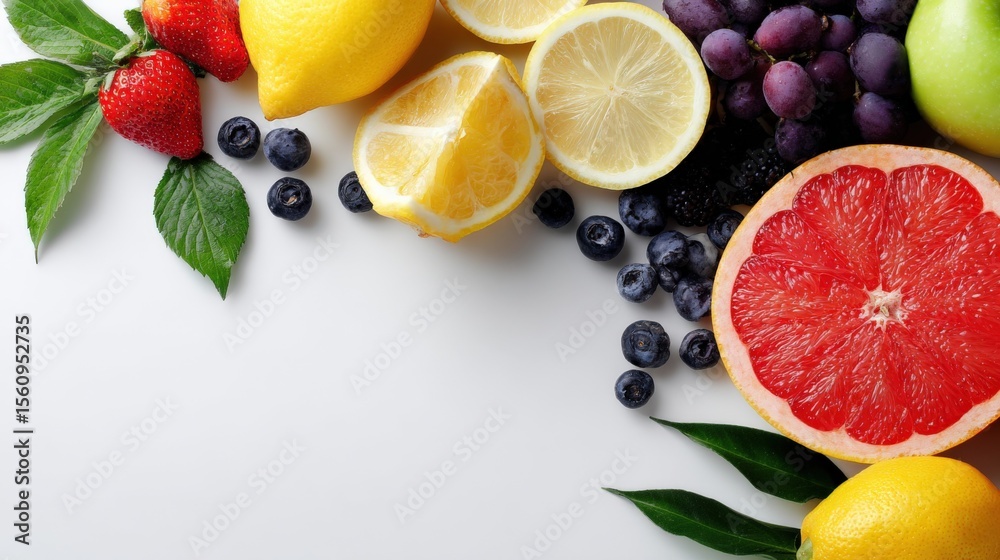 Aufkleber fresh mixed citrus and berry fruits with lemons grapefruit blueberries grapes strawberries and green