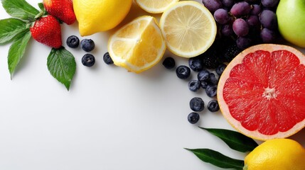 Fresh mixed citrus and berry fruits with lemons grapefruit blueberries grapes strawberries and green leaves on white background